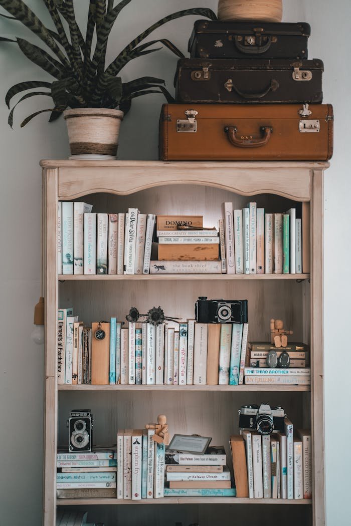 Books on Brown Wooden Shelf